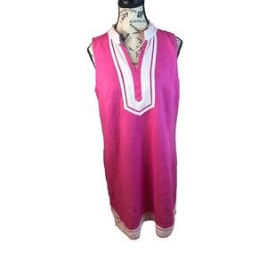 Crown & Ivy Size 6 Hot Pink 100% Linen Sheath Dress Sleeveless White Trim V-Neck